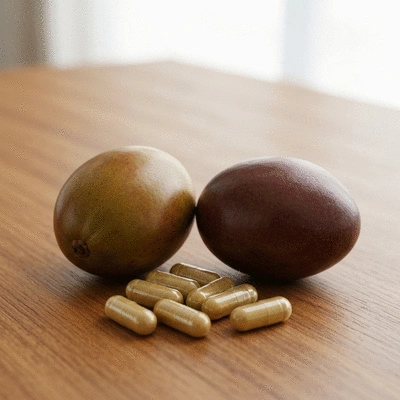 African mango fruit and capsules on a wooden table, representing natural supplement and weight management