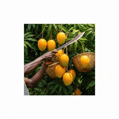 African mangoes being harvested from a tree, with traditional tools