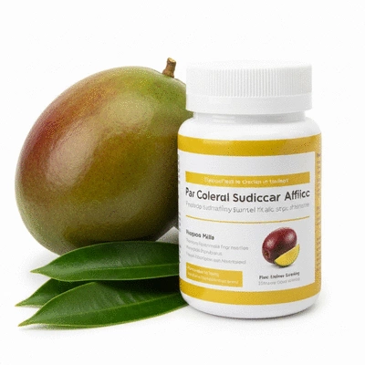 African mango supplements in a bottle next to a fresh mango fruit
