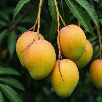 African mangoes on a branch, illustrating natural health benefits