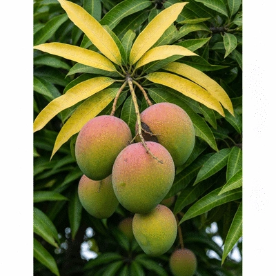 African mango fruit and leaves on a tree branch, vibrant green and yellow colors