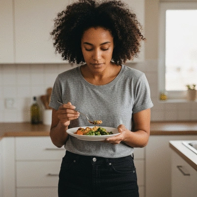 Person enjoying a healthy meal and exercising in a bright, modern setting