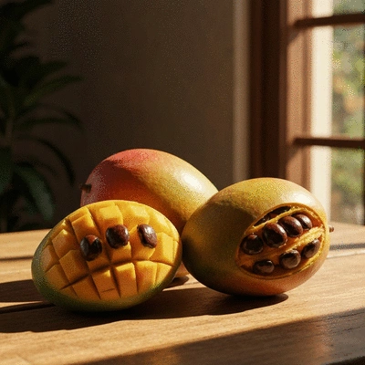 Ripe African mango fruit and seeds on a rustic wooden table