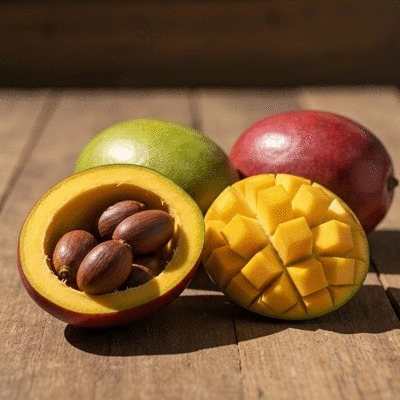 Fresh African mango fruit and seeds on a wooden table