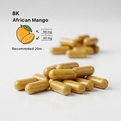African mango supplements in capsules on a clean white surface with a dosage guide illustration
