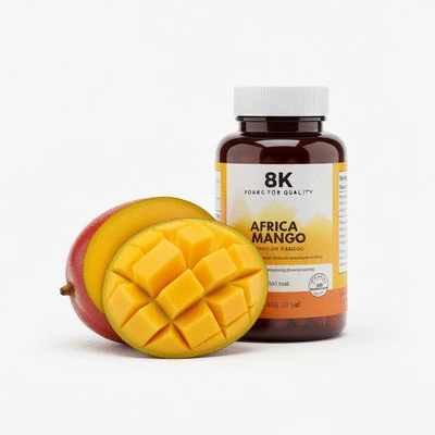 African mango supplements in a bottle next to fresh African mango fruit, clean background, product photography