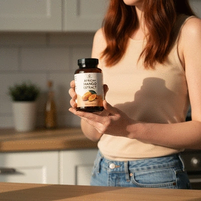 Person holding a bottle of African mango extract supplements