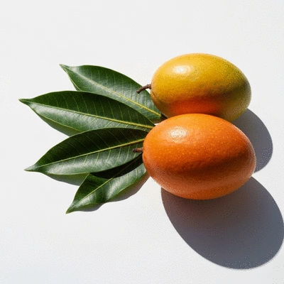 Close-up of African mango fruit and leaves on a clean background