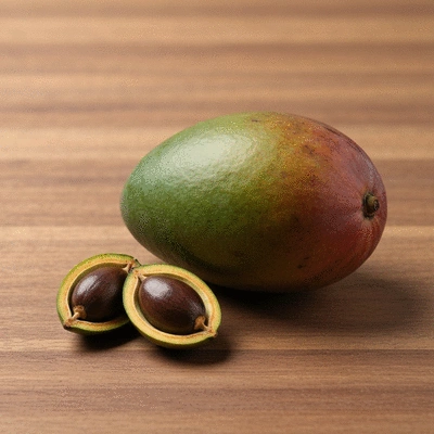 Close-up of fresh African mango fruit and seeds on a wooden table