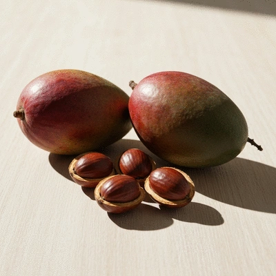 African mango fruit and whole seeds on a light wooden background