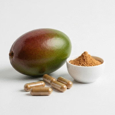 African mango fruit next to supplements (capsules and powder) on a clean, light surface, no text, no words, no typography