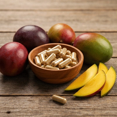 African mango supplement capsules in a bowl with fresh mangoes