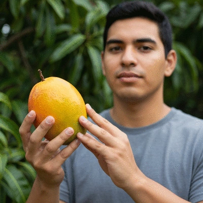 Person holding an African mango fruit, showing its natural form, no text, no words, no typography