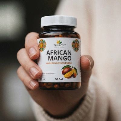 Hand holding a bottle of African mango supplements, clean background