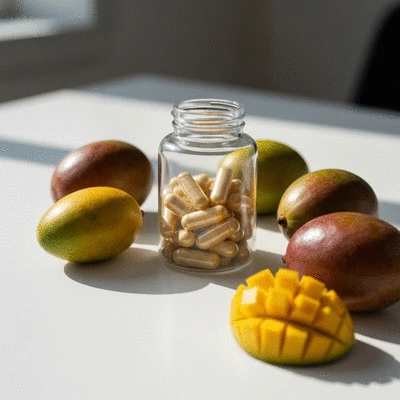 African mango supplements on a white table with fresh African mangoes