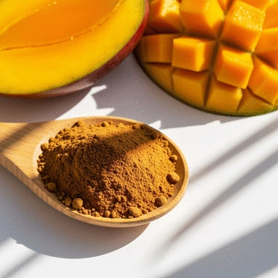 African mango powder in a spoon next to fresh African mango fruit