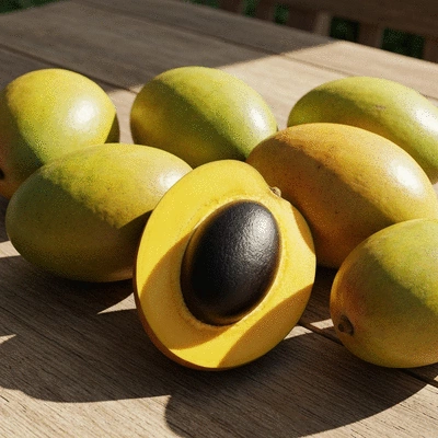 African mango fruit cut open revealing seed, surrounded by whole fruits on a wooden table