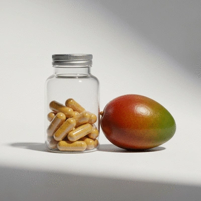 African mango supplements in a bottle with fresh mango fruit
