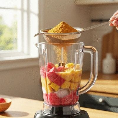 African mango powder being added to a vibrant fruit smoothie in a blender