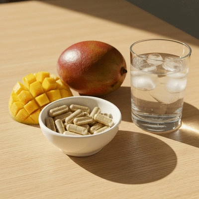 African mango supplement capsules and a fresh African mango fruit beside a glass of water on a light wooden table
