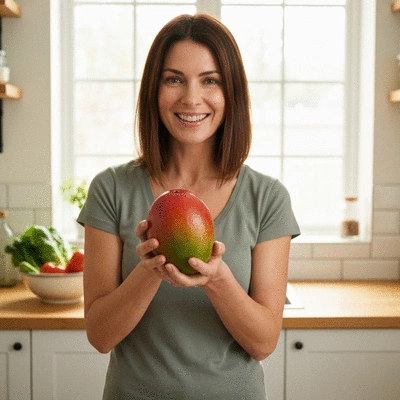 Woman holding African mango fruit, vibrant and fresh