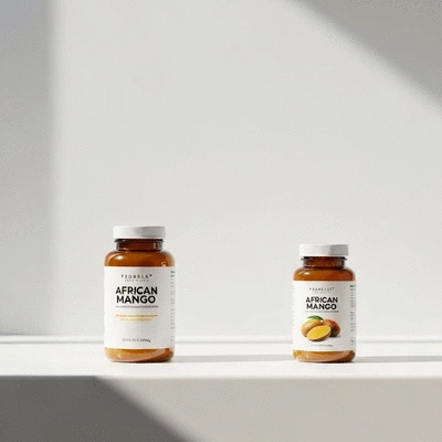 African mango supplements in a bottle on a clean white surface, natural light, no text, no words, no typography, 8K