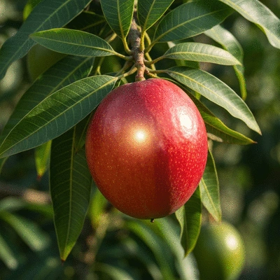 Close-up of African mango fruit and leaves, with a subtle glow representing antioxidant properties