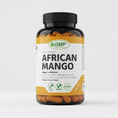 African mango supplement bottle with GMP and vegan certification labels