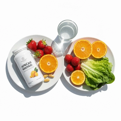High-quality product photography of African mango supplements next to a plate of fresh fruits and vegetables and a glass of water, symbolizing a healthy lifestyle, bright and clean, no text, no words, no typography, clean image, 8K