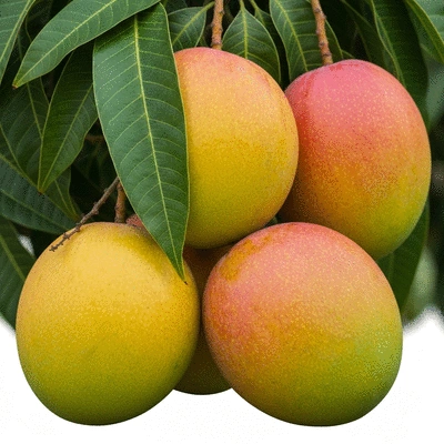 African mango fruits and leaves on a tree branch