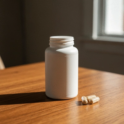 African mango supplement capsules in a clean white bottle on a wooden table