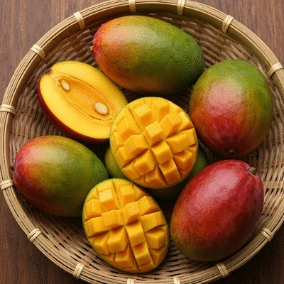 African mangoes in a basket, with some sliced open to show the seed