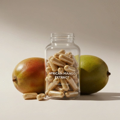 African mango extract capsules in a bottle with fresh African mango fruit