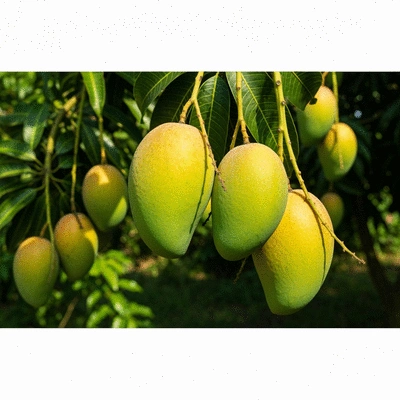 Close-up of fresh African mango fruits on a tree branch, vibrant green and yellow colors, natural setting