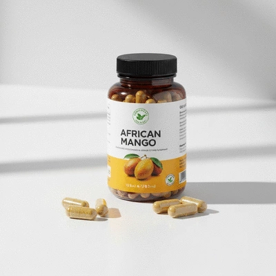 African mango supplements on a clean white surface with fresh mango fruit in the background