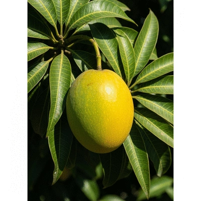 Close up of African mango fruit on a tree branch, vibrant green and yellow colors, natural setting, no text, no words, no typography, clean image, 8K