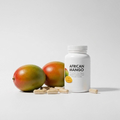 African mango supplements in a bottle with fresh African mangoes