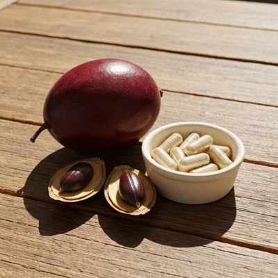 African mango fruit and seeds on a wooden table, with supplement capsules in a small bowl