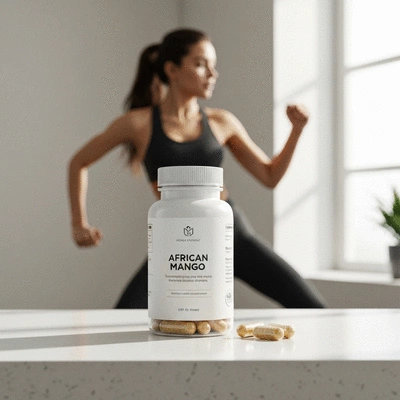 African mango supplements on a clean countertop with a woman in the background