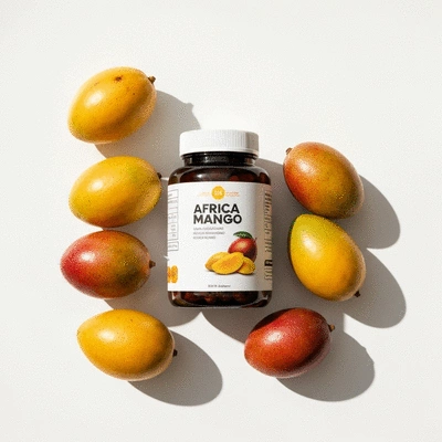 African mango supplement bottle with fresh mangoes