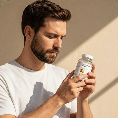 A person holding an African mango supplement bottle, reviewing dosage instructions, in a well-lit, clean setting