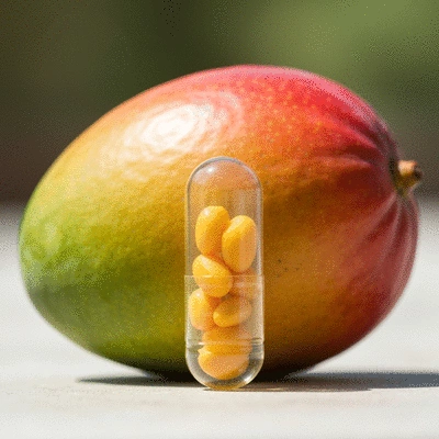 African mango extract in a clear capsule with fresh mango fruit in the background, clean image, 8K