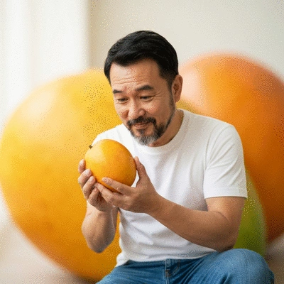 Person holding African mango fruit and a bottle of supplements, emphasizing personalized dosage